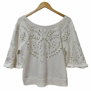 Free People Womens Crumpets Cropped Eyelet Sweatshirt Top Size S White Bohemian
